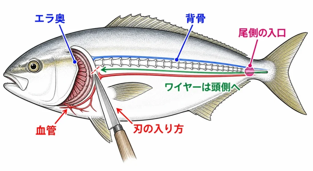 青物のエラ奥、血管、背骨、尾側入口、神経締めワイヤーの通し方を示す図解