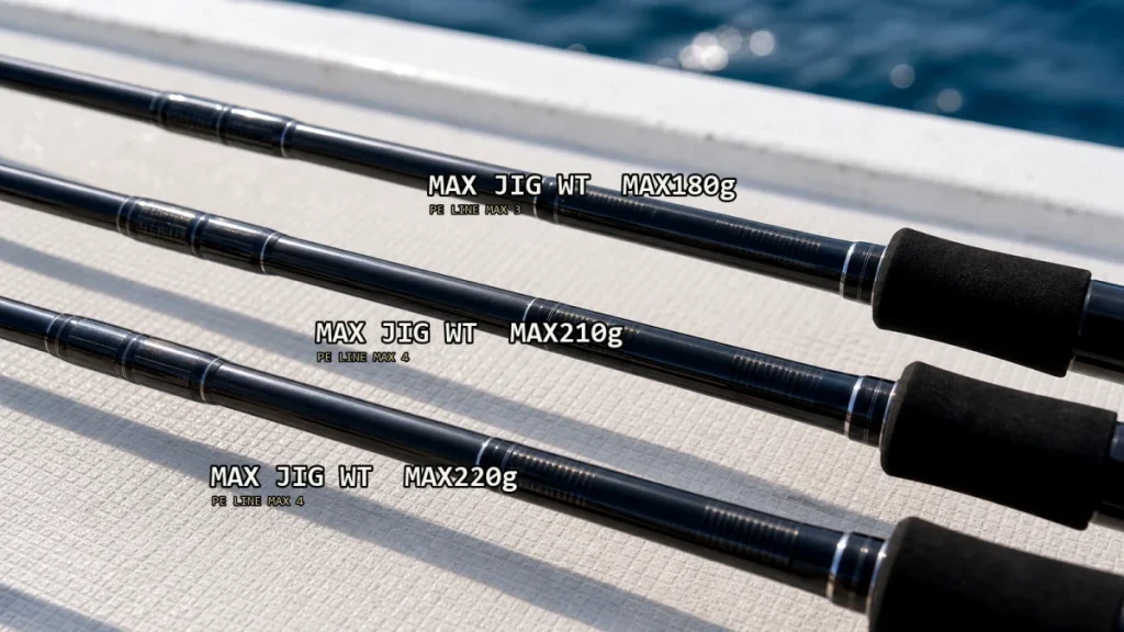 ジギングロッド本体のMAX JIG WTとMAX180g表記をはっきり見せた写真風画像