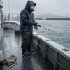 強い雨の中、船上でレインウェアを着たおさる顔の釣り人がジギングロッドを持っている様子