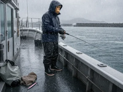 強い雨の中、船上でレインウェアを着たおさる顔の釣り人がジギングロッドを持っている様子