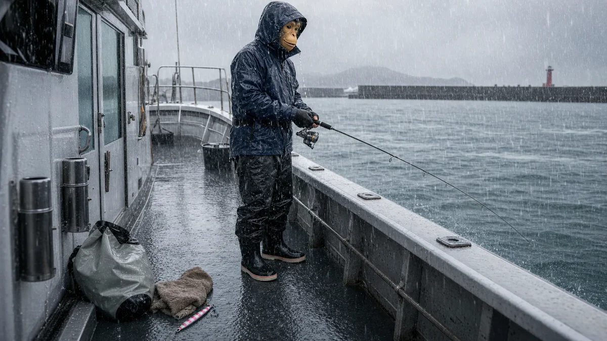 強い雨の中、船上でレインウェアを着たおさる顔の釣り人がジギングロッドを持っている様子