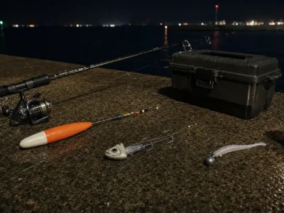 夜の堤防に並べた太刀魚釣りのウキ仕掛け、テンヤ、ワインド用ジグヘッド