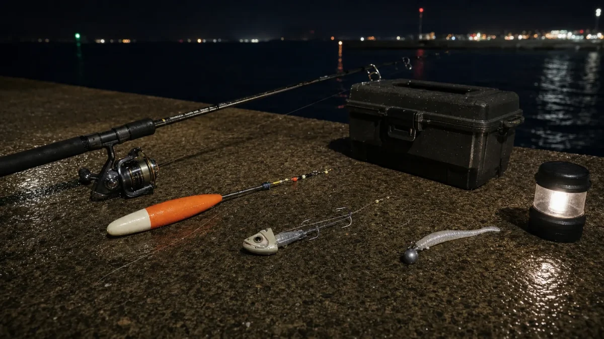 夜の堤防に並べた太刀魚釣りのウキ仕掛け、テンヤ、ワインド用ジグヘッド