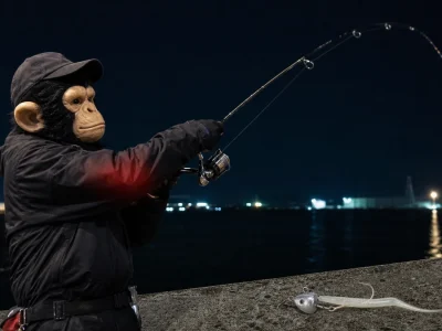 猿の面と帽子をかぶった釣り人が太刀魚ワインドのしゃくりをして肘に負担がかかっている様子