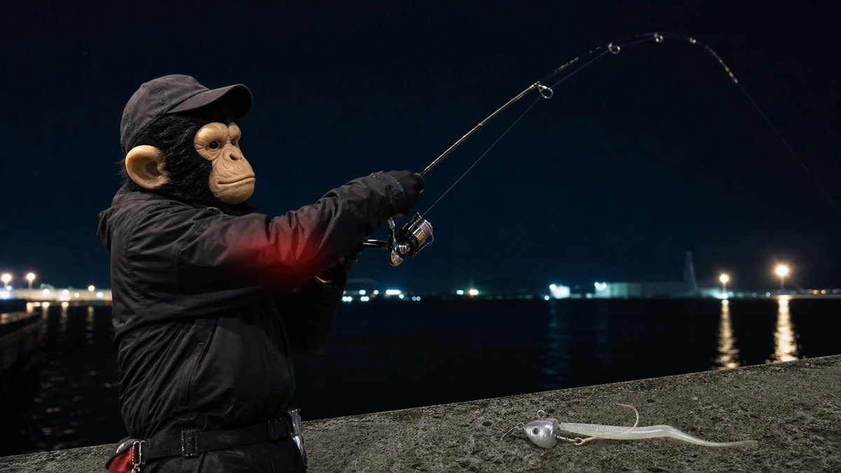 猿の面と帽子をかぶった釣り人が太刀魚ワインドのしゃくりをして肘に負担がかかっている様子