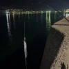 夜の高い堤防で太刀魚を抜き上げる時にロッドが大きく曲がっている様子